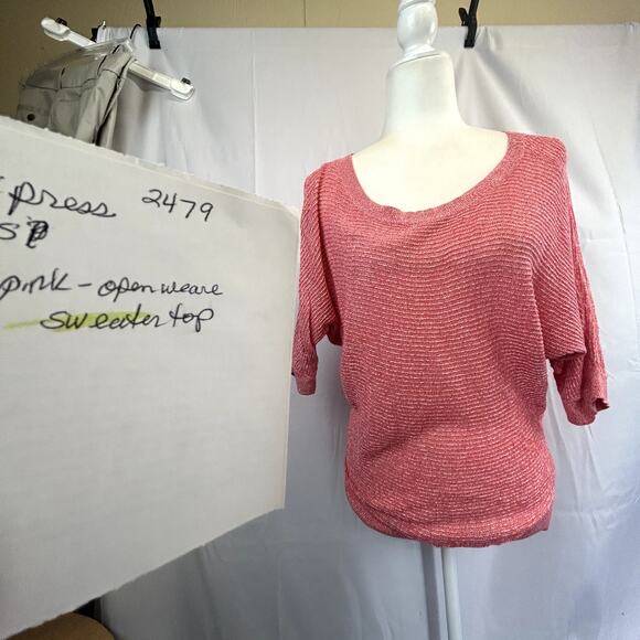 Express Small Open weave Sweater blouse top women crop sleeve peach pink - Picture 7 of 8